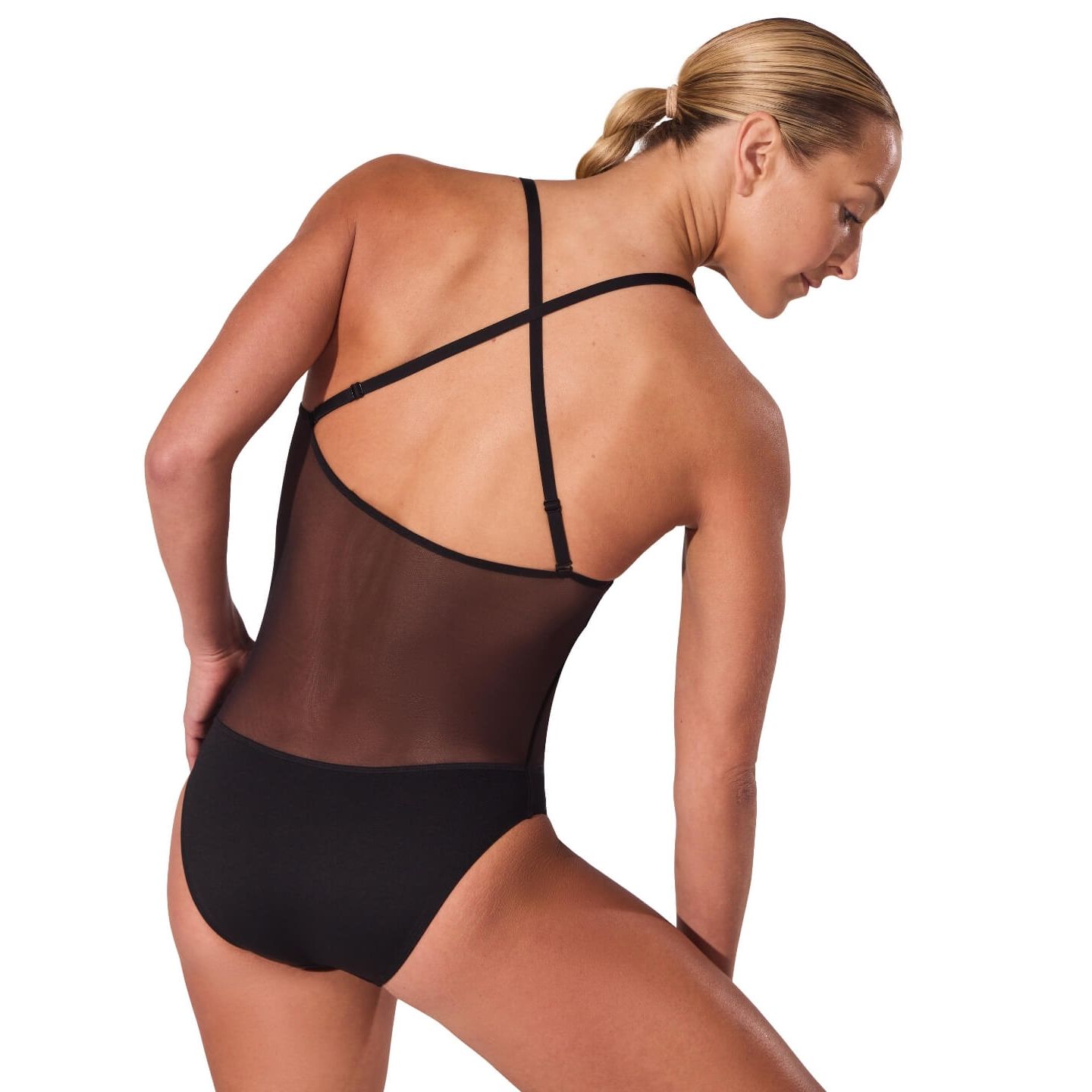 Женский топ Capezio Plunge Neck Mesh Midriff Leotard, цвет: Чёрный — фото 2