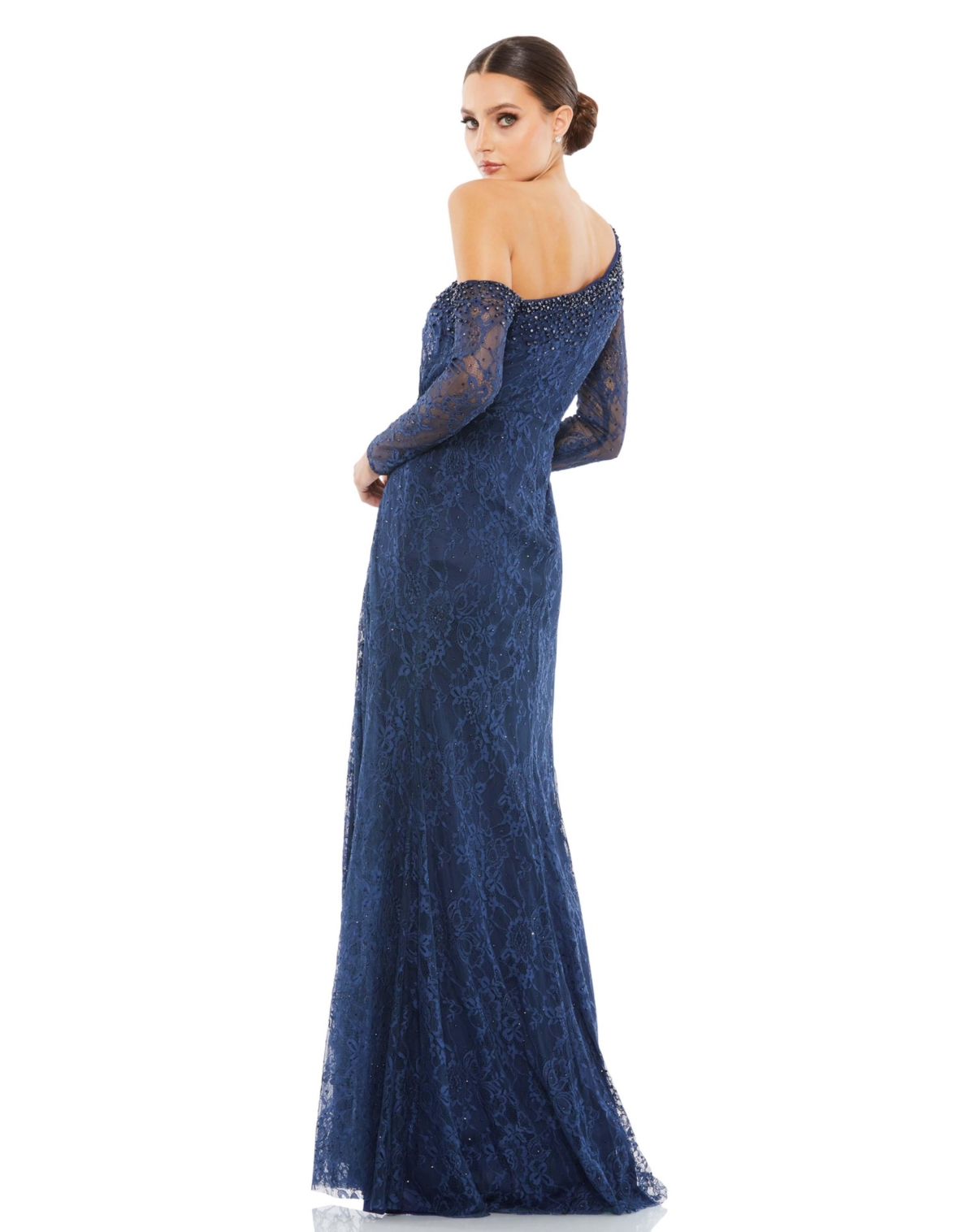 Women's Draped Jewel Encrusted Lace Drop Shoulder Gown