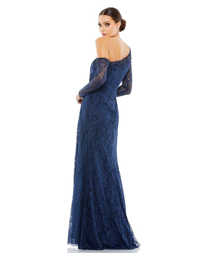 Mac Duggal Women's Draped Jewel Encrusted Lace Drop Shoulder Gown - Macy's