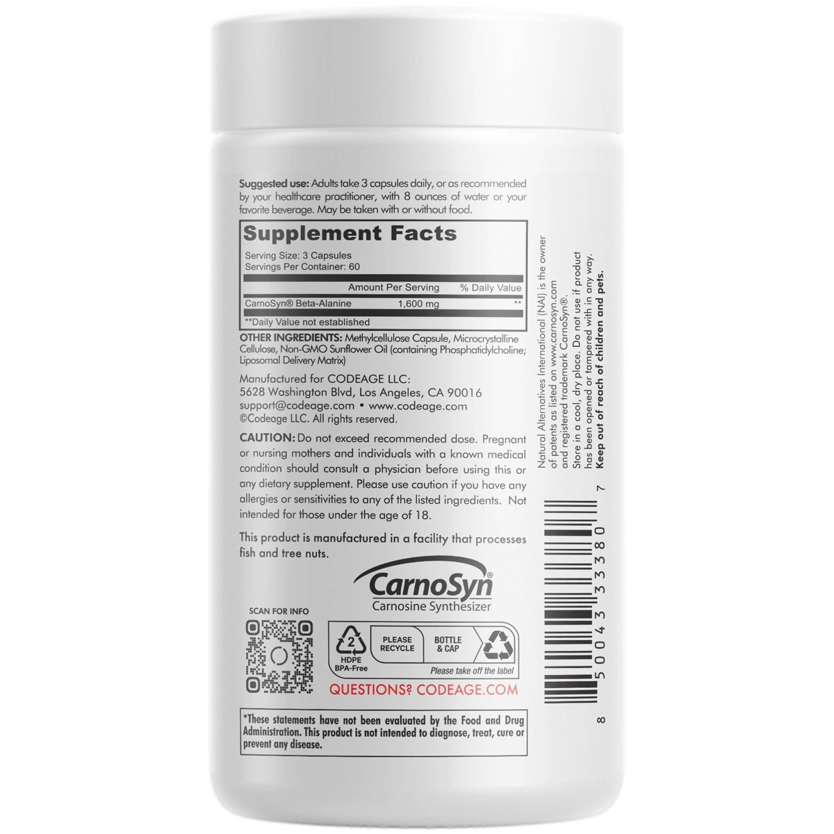 Codeage Liposomal Beta-Alanine Supplement - CarnoSyn Beta-Alanine - 2-Month Supply - Liposomal Delivery - Pre Workout, Post Workout and Sport Suppleme