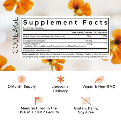 Liposomal CoQ10 Supplement - 125 mg Coenzyme with Vitamin E Isomers Tocopherols - 2-Month Supply - 1 Capsule Per Serving, 60 Capsules