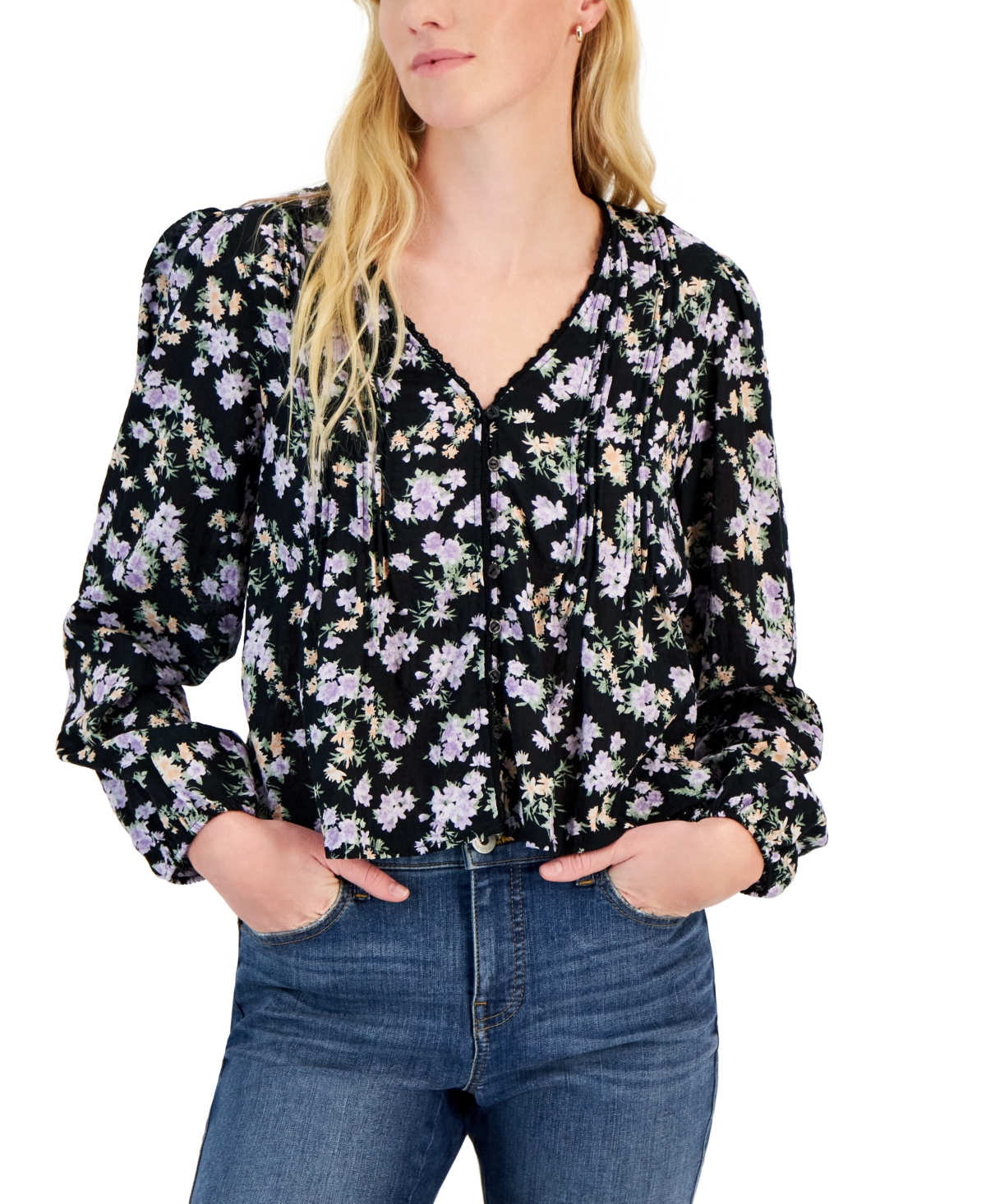 Juniors' Floral-Print Pintucked Blouse - Cream/Blue Floral