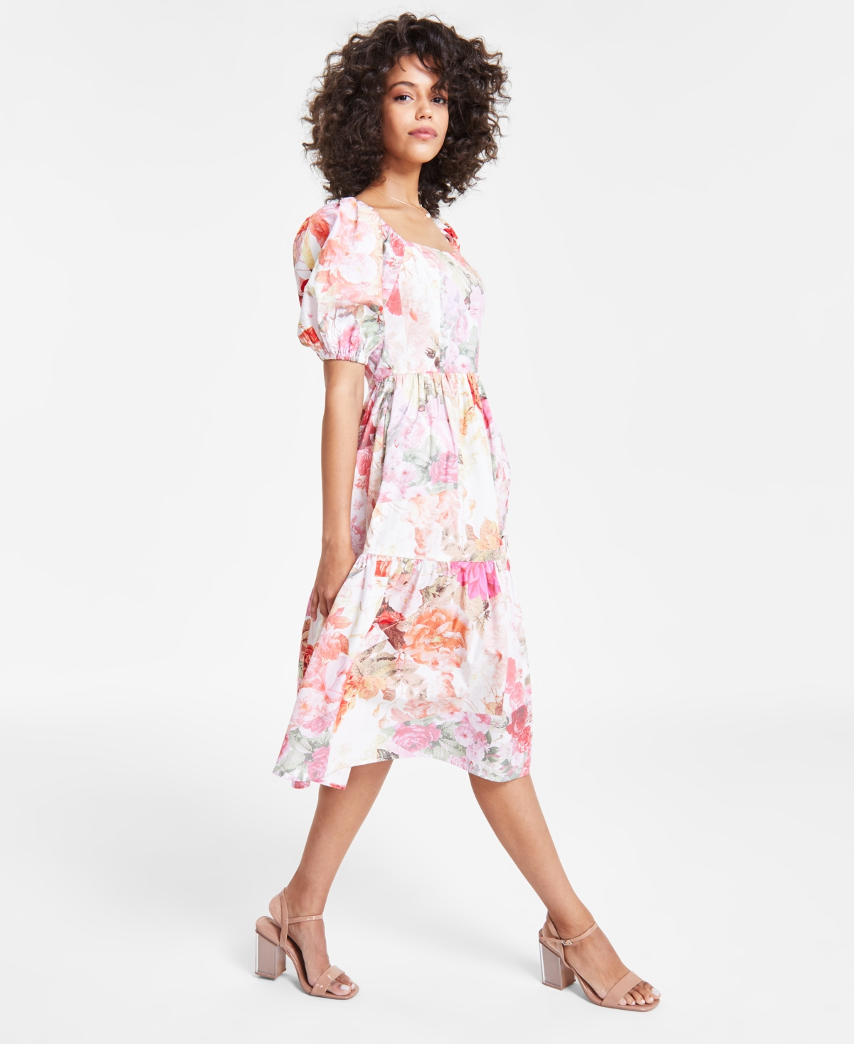 Shop Vince Camuto Women's Printed Cotton Square-neck Puff-sleeve Dress In Pink