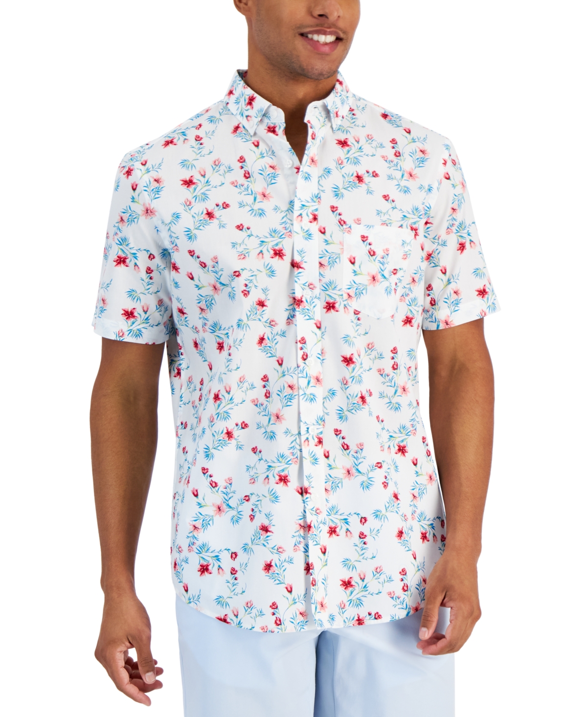 Club Room Men's Hibiscus Floral Poplin Shirt, Created For Macy's In Bright White
