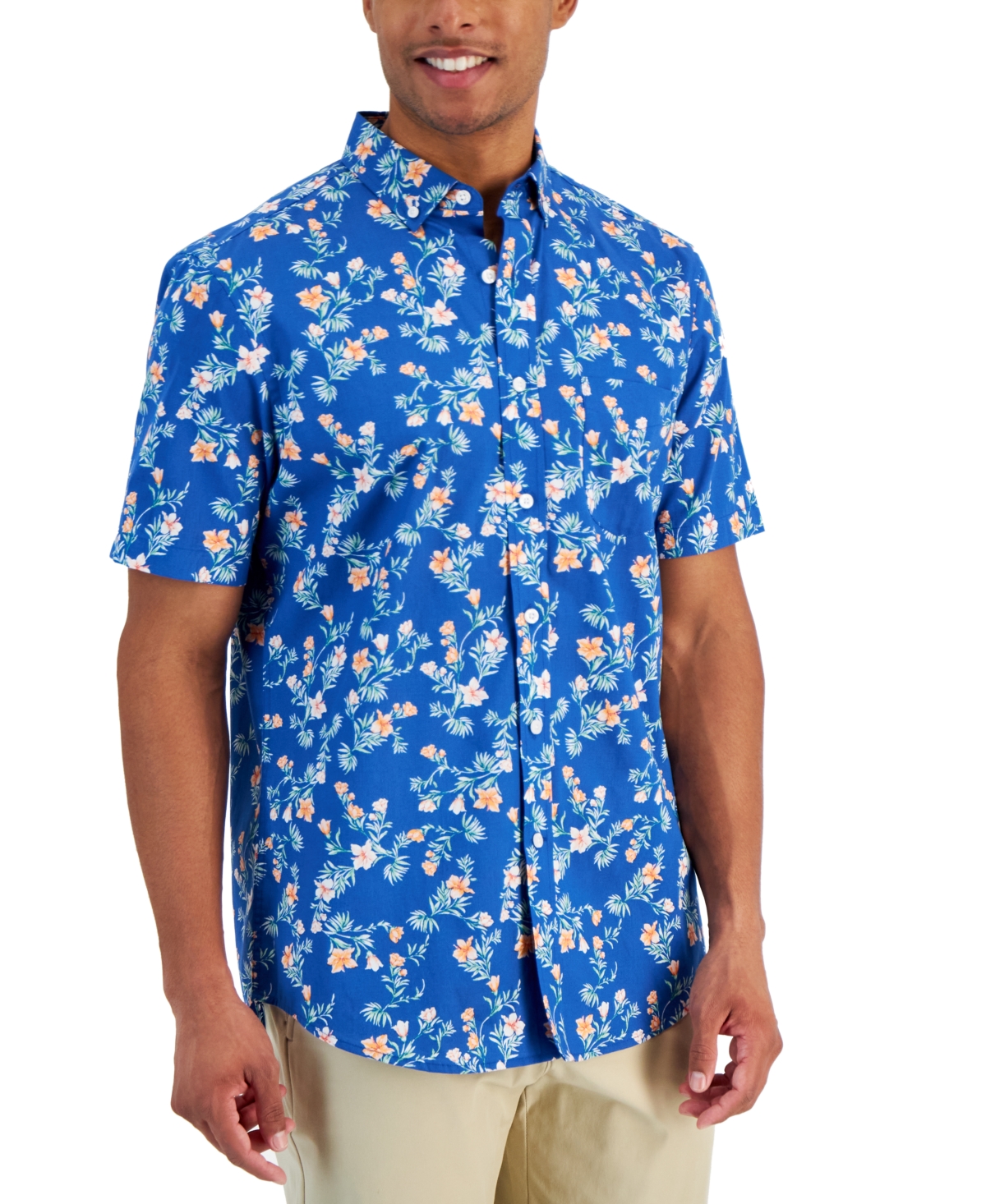 Club Room Men's Hibiscus Floral Poplin Shirt, Created For Macy's In Laser Blue
