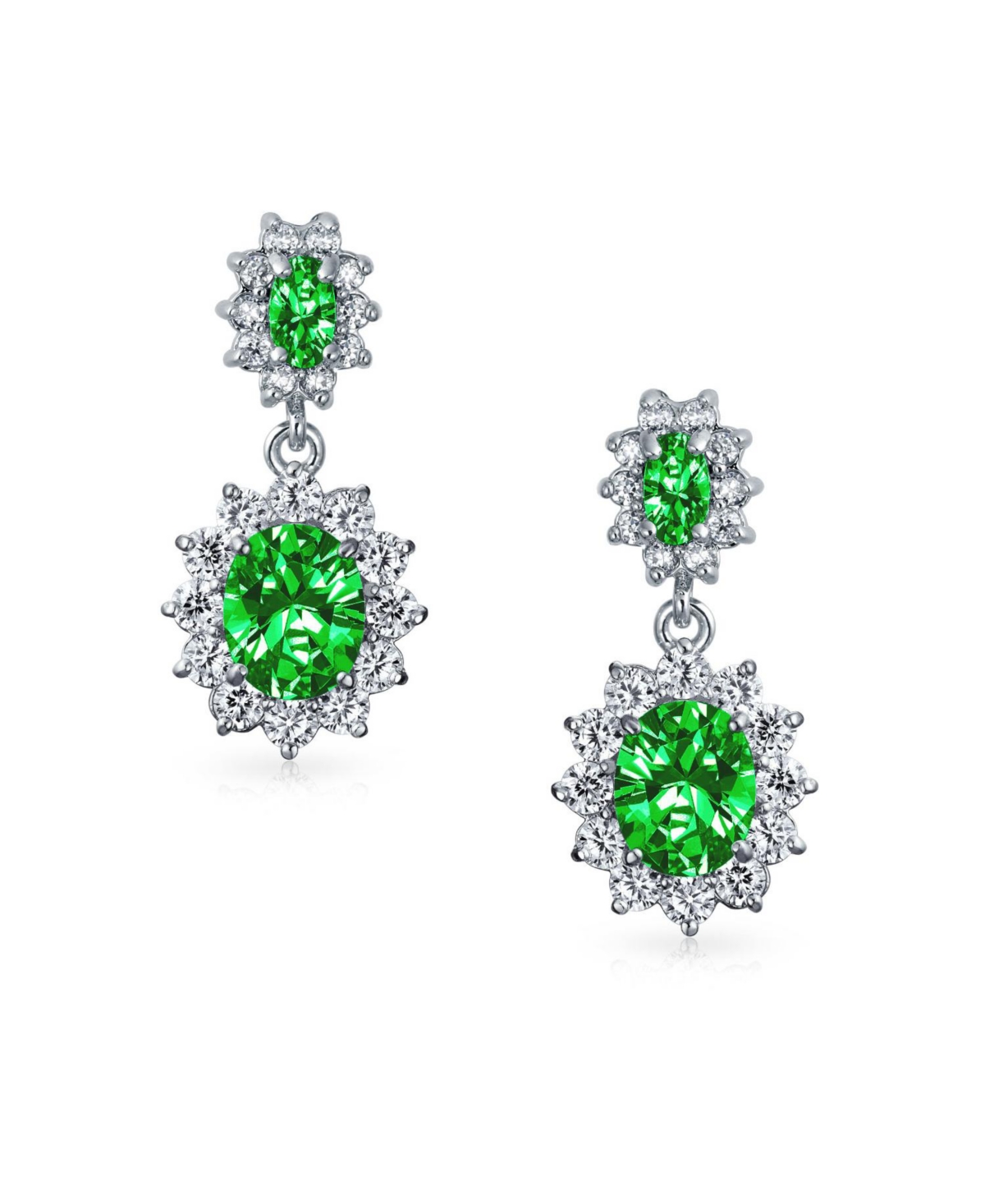 Bling Jewelry Crown Halo Oval Cubic Zirconia Green Green Cz Fashion Dangle Drop Earrings For smaid Rhodium Plated