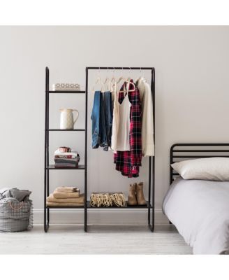 USA Clothes Rack with 4 Metal Shelves, Freestanding Clothing Racks for Hanging Clothes, Easy to Assemble, Standing Metal Sturdy Garment and Accessories Rack, Small Space Storage Solution, Black