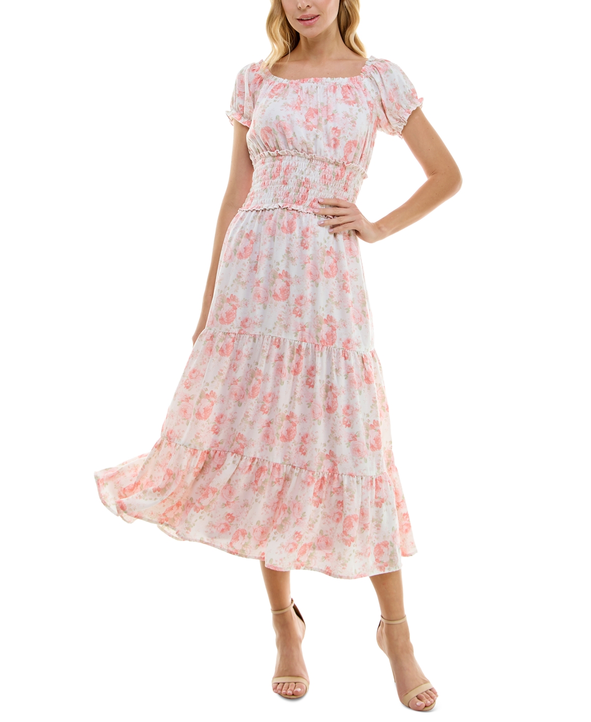 Juniors' Floral Print Puff-Sleeve Midi Dress - Pink/ivory Multi