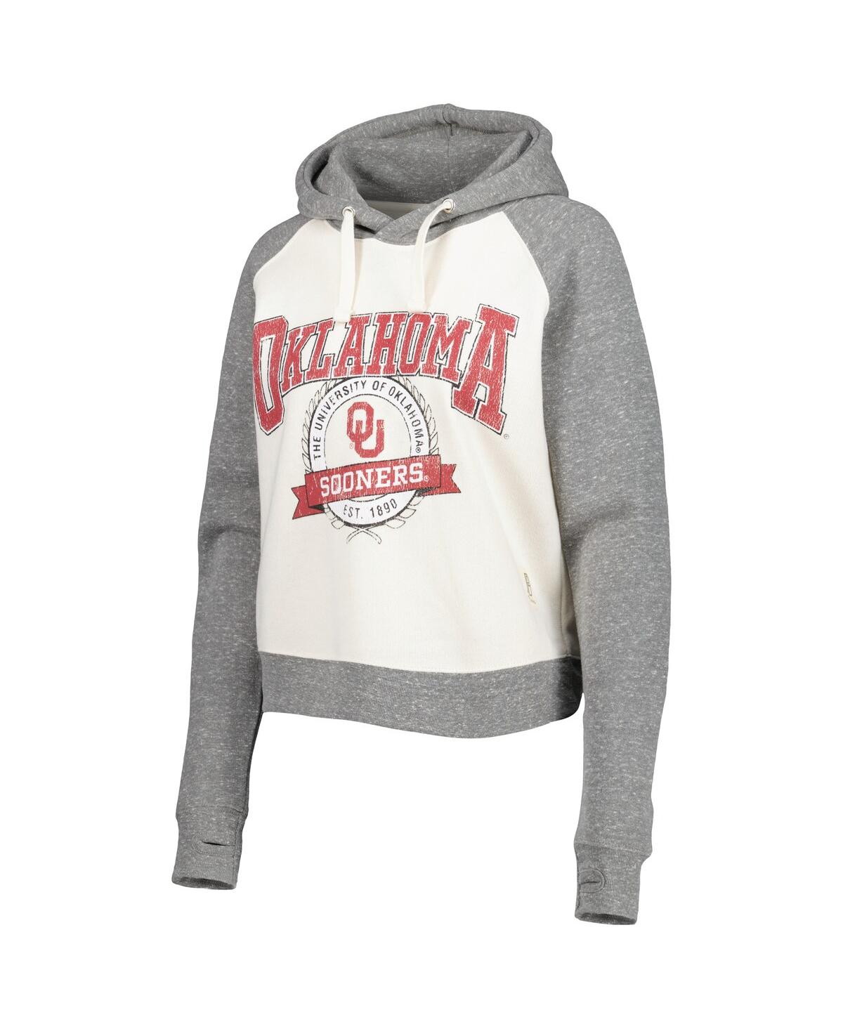 PRESSBOX WOMEN'S PRESSBOX CREAM, HEATHER GRAY DISTRESSED OKLAHOMA SOONERS CODY TRI-BEND RAGLAN PULLOVER HOODI 