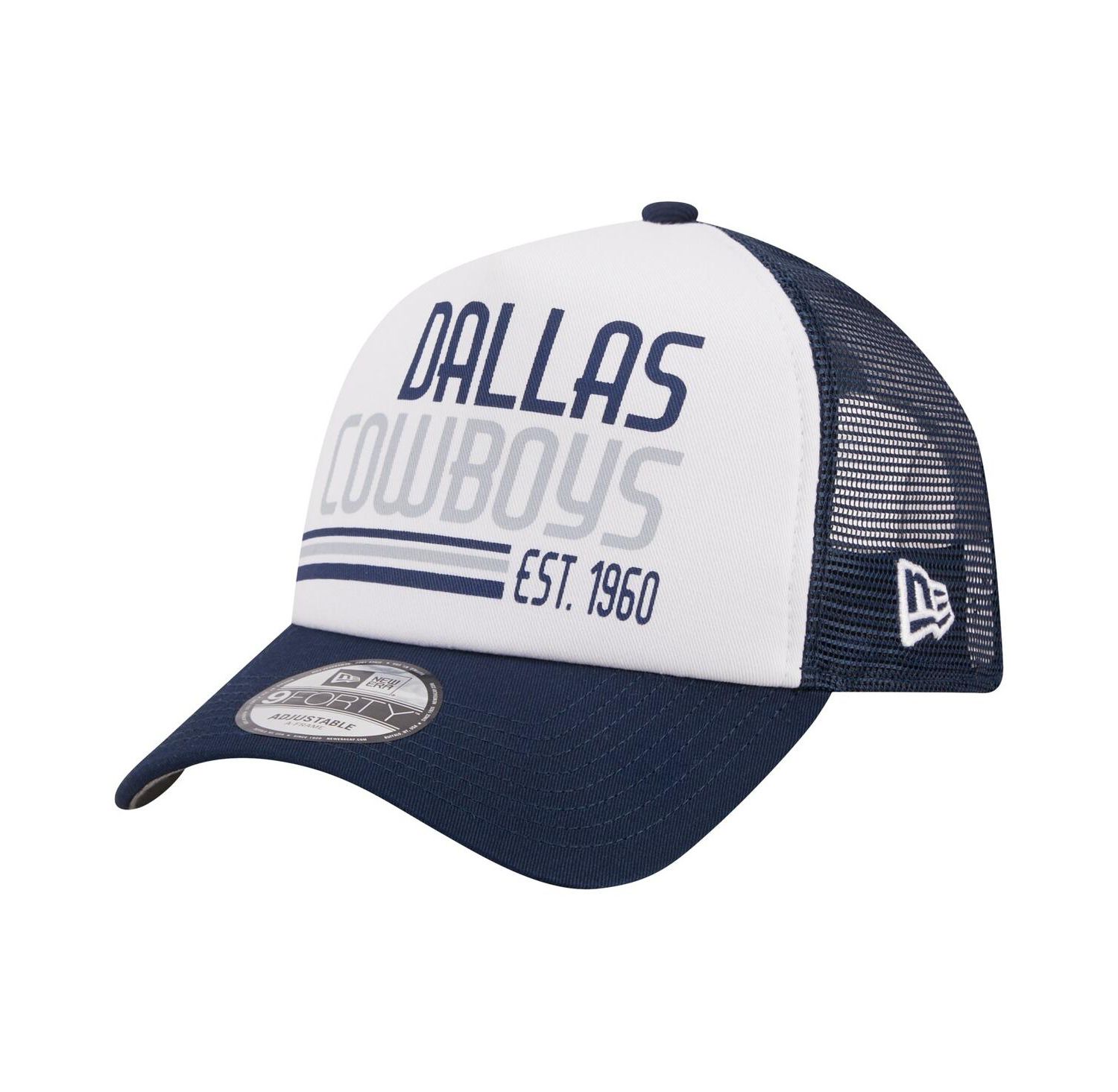 Men's White, Navy Dallas Cowboys Stacked A-Frame Trucker 9FORTY Adjustable Hat