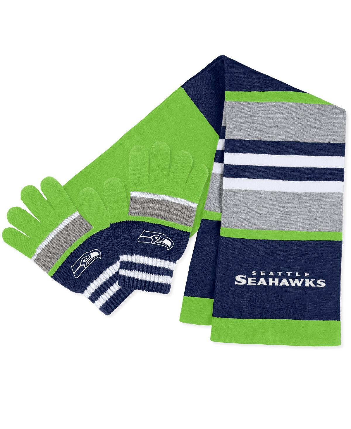 Wear By Erin Andrews Women's  Seattle Seahawks Stripe Glove And Scarf Set In Green,navy