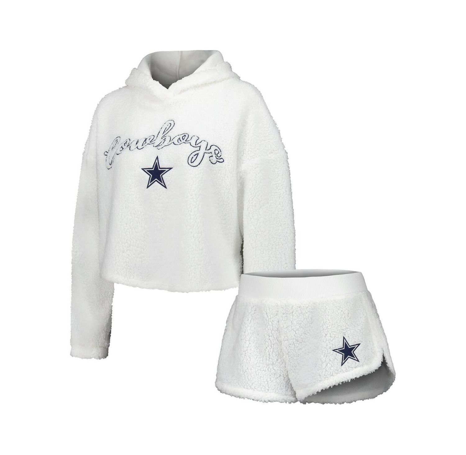 Women's White Dallas Cowboys Fluffy Pullover Sweatshirt and Shorts Sleep Set