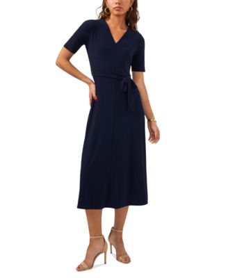 MSK - Petite V-Neck Short-Sleeve Belted Jersey Midi Dress