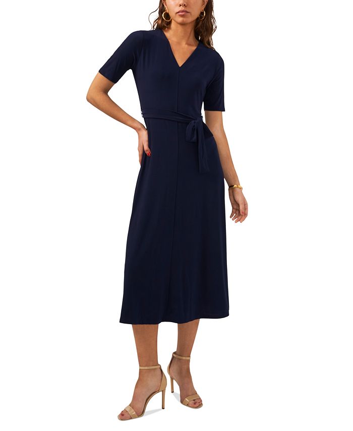 MSK Petite V-Neck Short-Sleeve Belted Jersey Midi Dress - Macy's