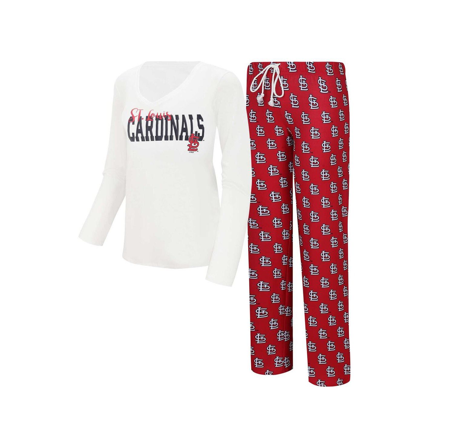 Women's White, Red St. Louis Cardinals Long Sleeve V-Neck T-shirt and Gauge Pants Sleep Set