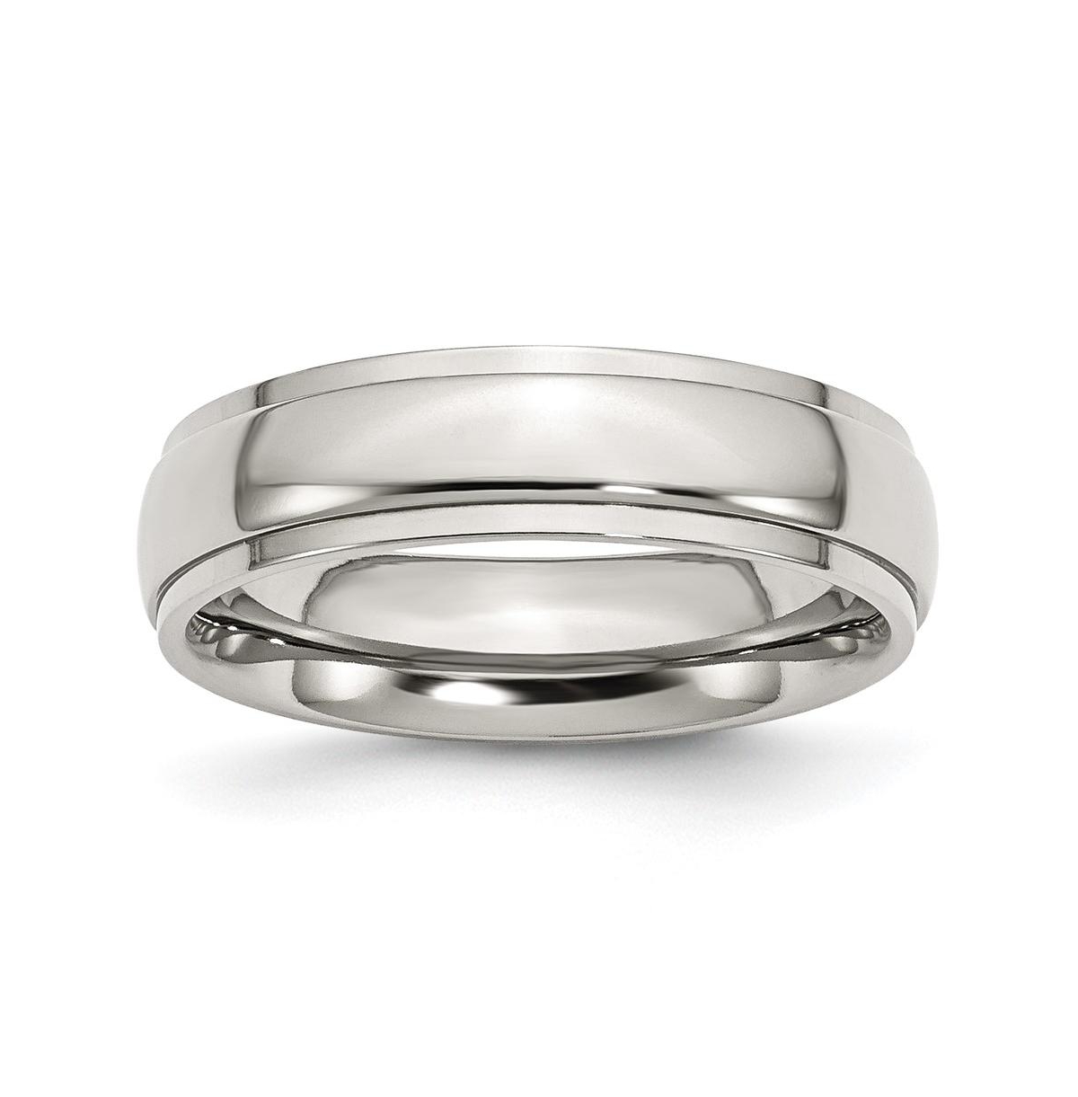 Stainless Steel Polished 6mm Ridged Edge Band Ring - Silver
