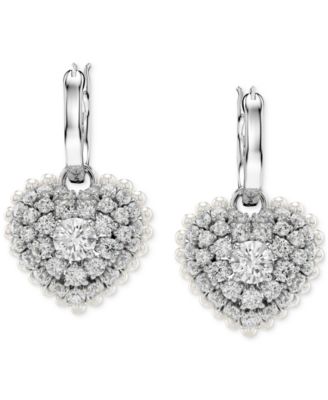 Rhodium-Plated Crystal & Imitation Pearl Heart Charm Hoop Earrings