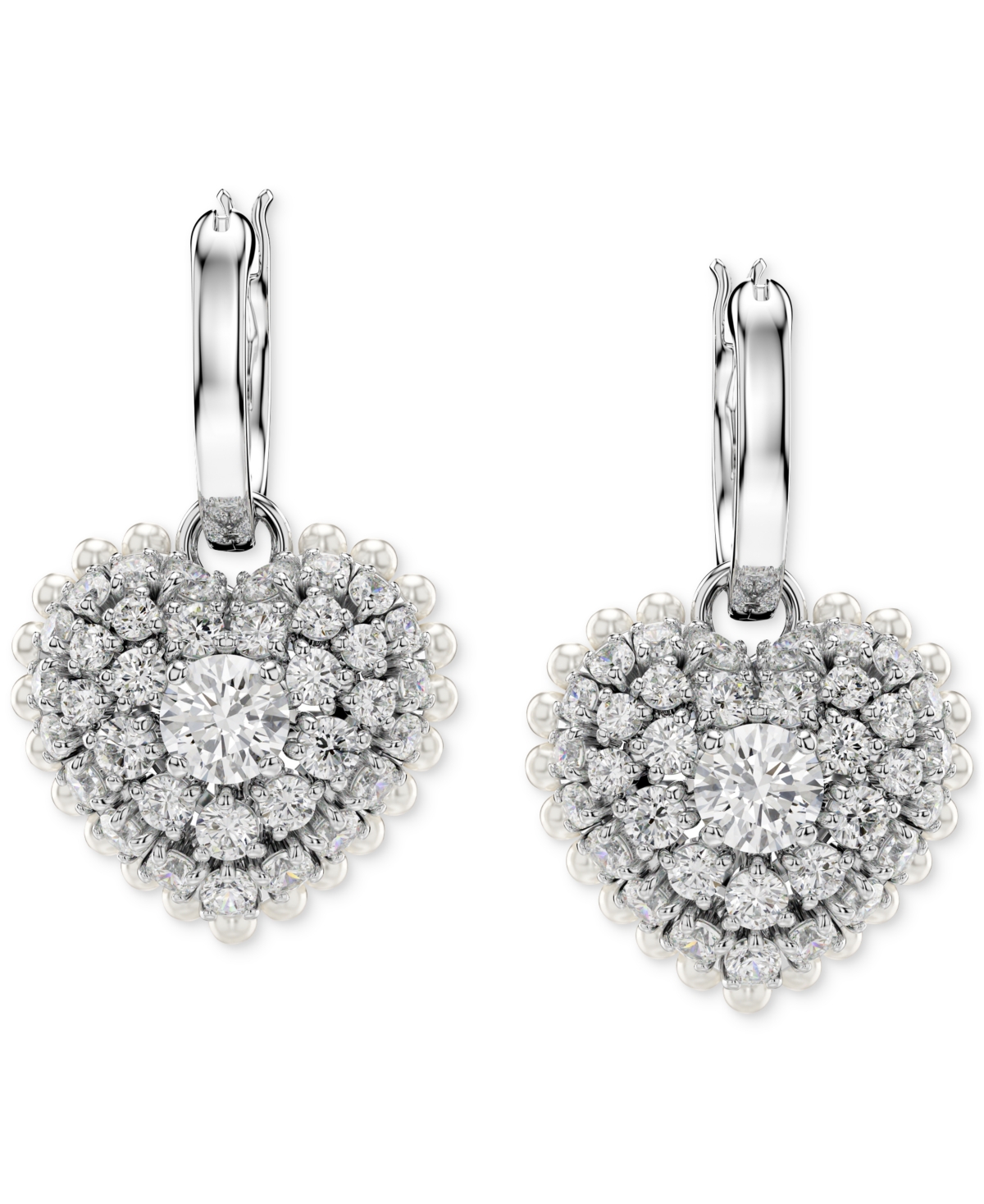 Shop Swarovski Rhodium-plated Crystal & Imitation Pearl Heart Charm Hoop Earrings In Silver