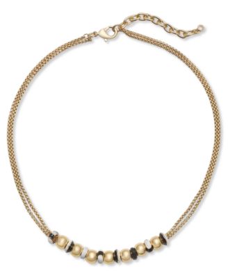 On 34th - Gold-Tone Mixed Bead Double Chain Collar Necklace, 16" + 2" extender