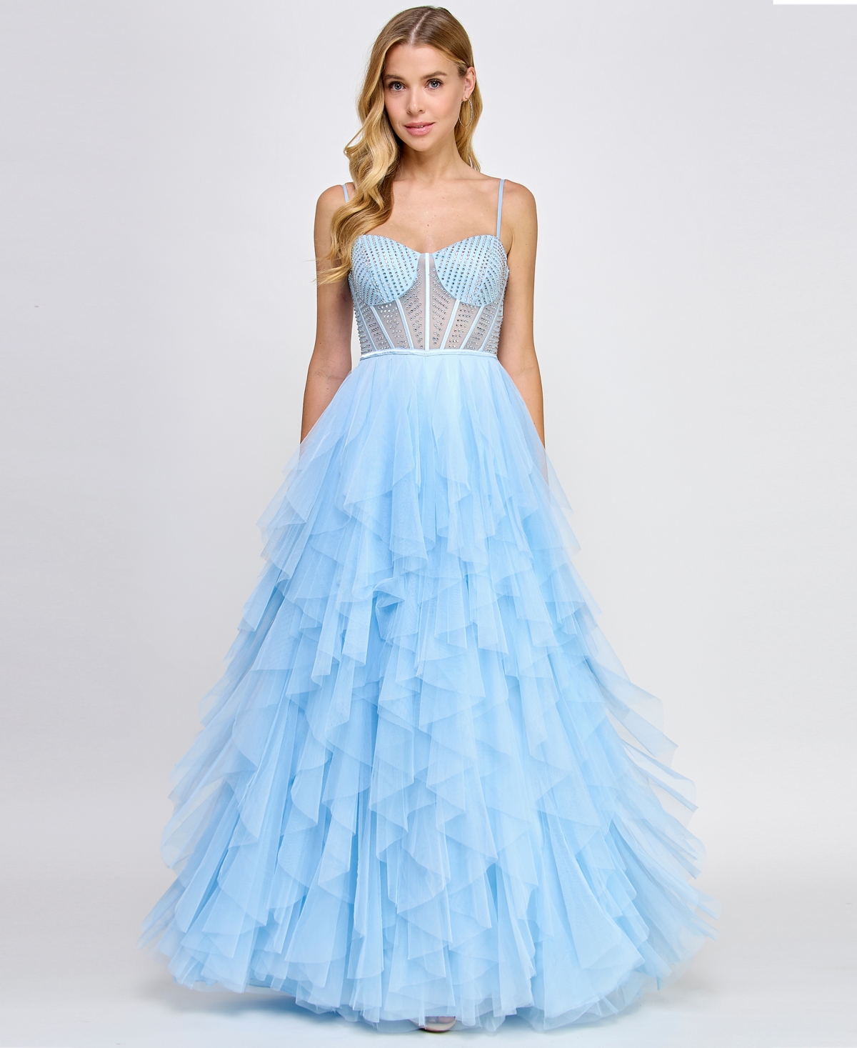 Shop Say Yes Juniors' Rhinestone-embellished Bustier Ball Gown, Created For Macy's In Powder Blue