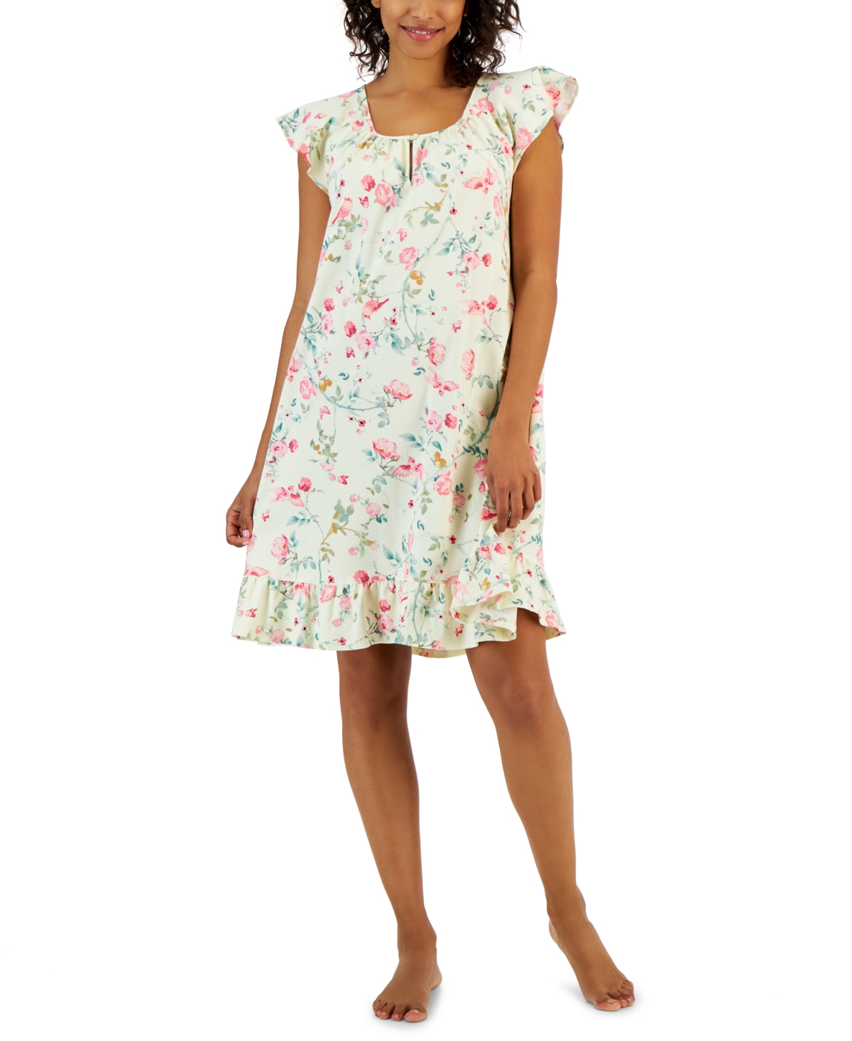 Charter Club Women's Cotton Printed Flutter-sleeve Chemise, Created For Macy's In Bird Bloom Yellow