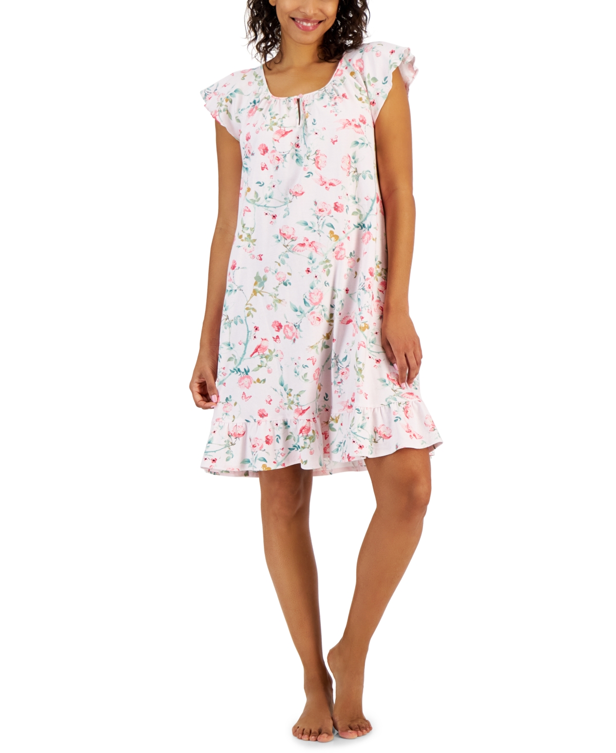 Charter Club Women's Cotton Printed Flutter-sleeve Chemise, Created For Macy's In Bird Bloom Pnk