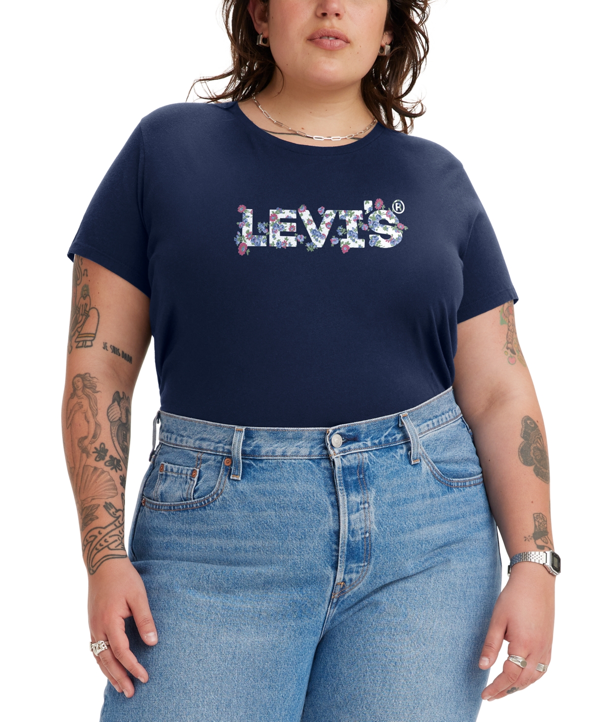 Levi's Trendy Plus Size Perfect Logo Cotton Short-sleeve T-shirt In Michelle Floral Naval Academy