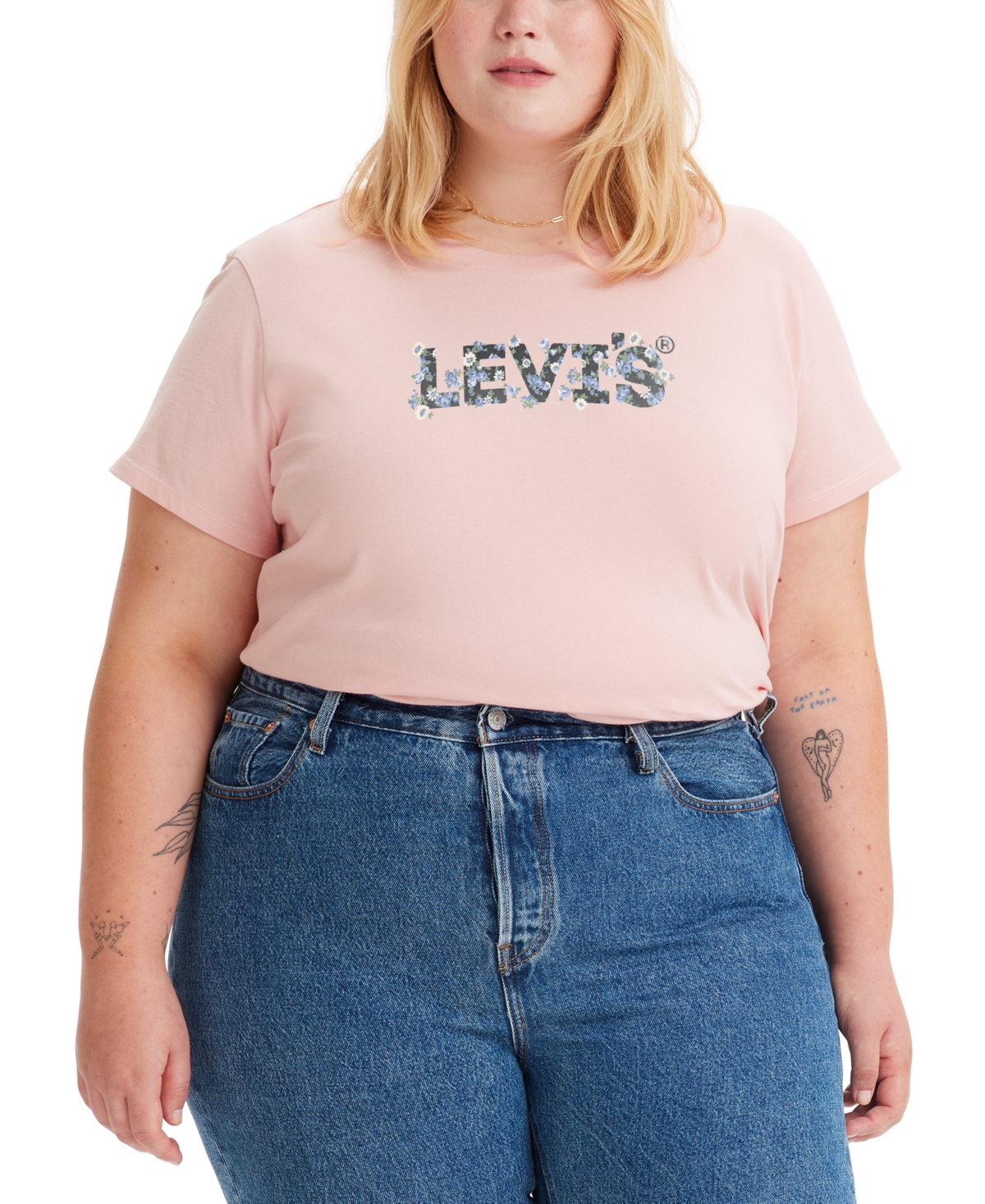 Levi's Trendy Plus Size Perfect Logo Cotton Short-sleeve T-shirt In Michelle Floral Chalk Pink