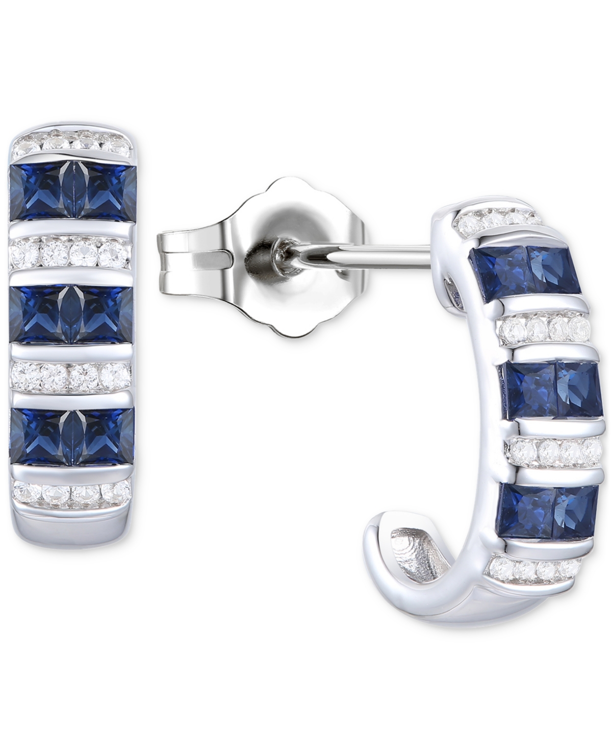 Macy's Emerald (5/8 Ct. T.w.) & Diamond (1/10 Ct. T.w.) Small Hoop Earrings In 14k Gold-plated Sterling Sil In Sapphire