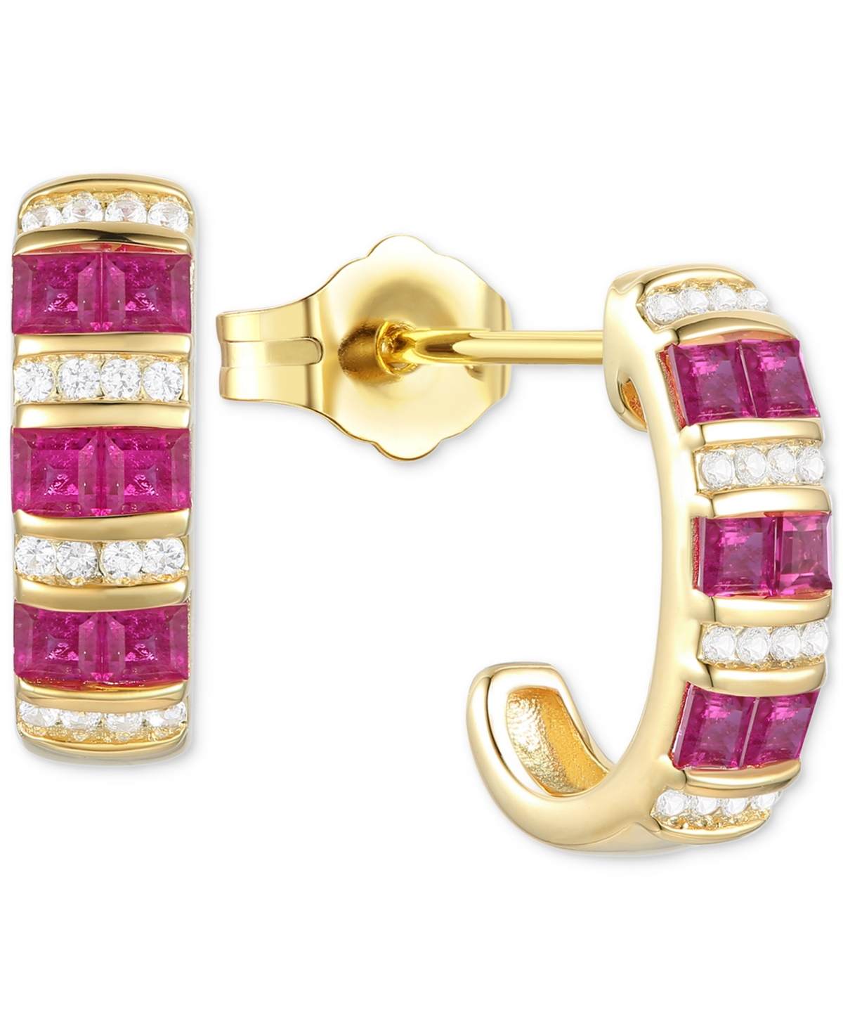 Macy's Emerald (5/8 Ct. T.w.) & Diamond (1/10 Ct. T.w.) Small Hoop Earrings In 14k Gold-plated Sterling Sil In Ruby