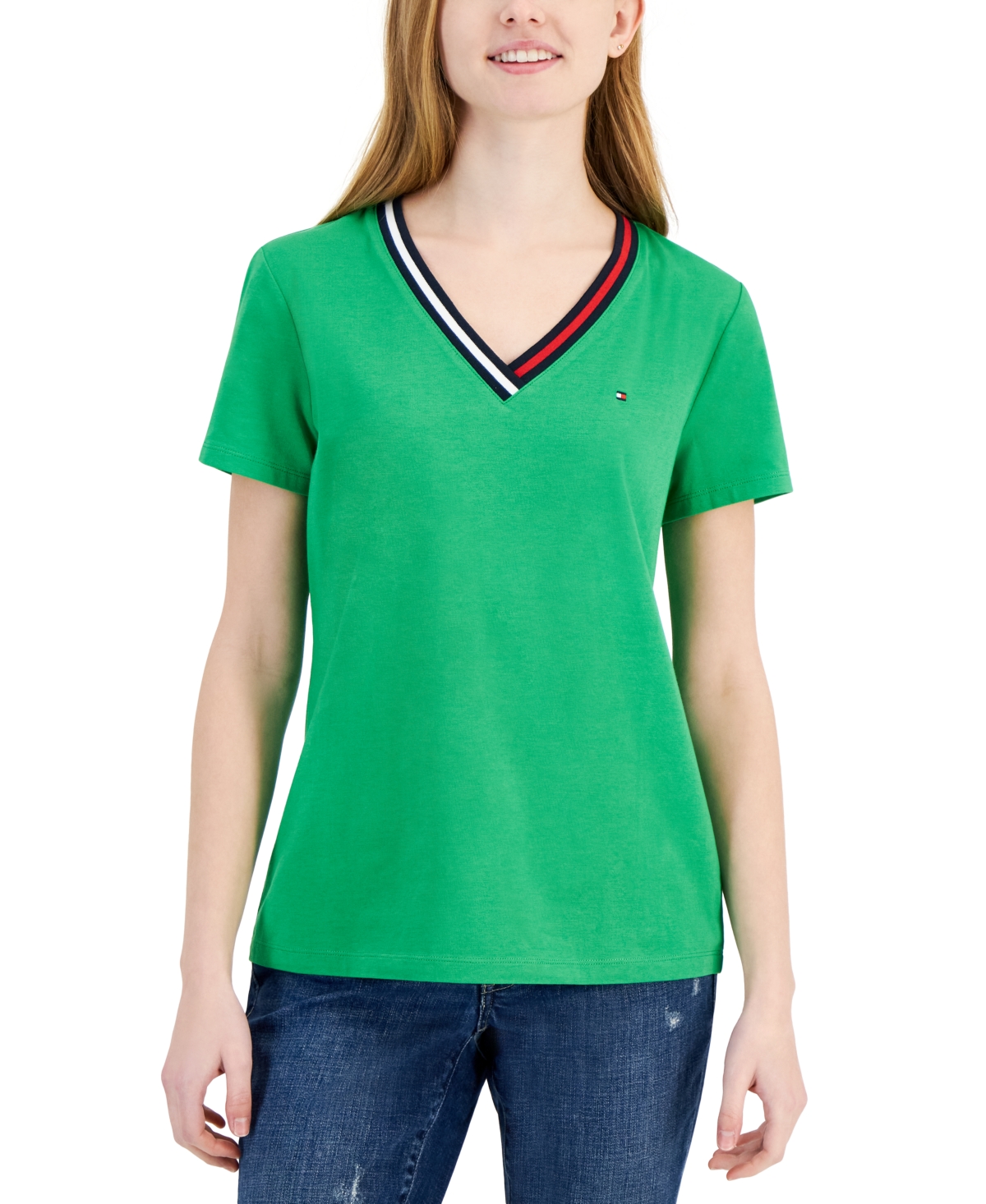 Shop Tommy Hilfiger Women's V-neck T-shirt In Fern