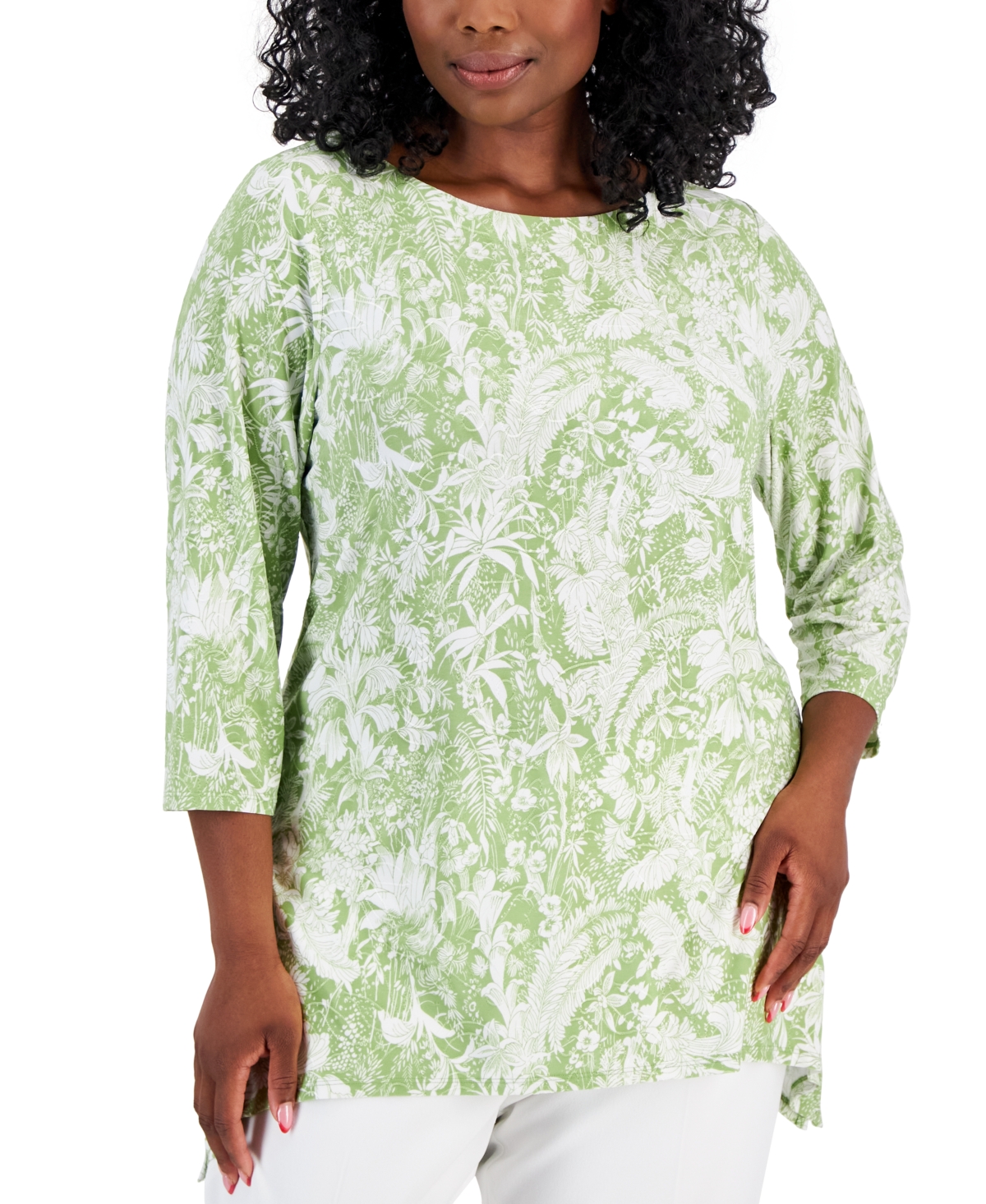Shop Jm Collection Plus Size 3/4-sleeve Jacquard Swing Top, Created For Macy's In Luau Green Combo
