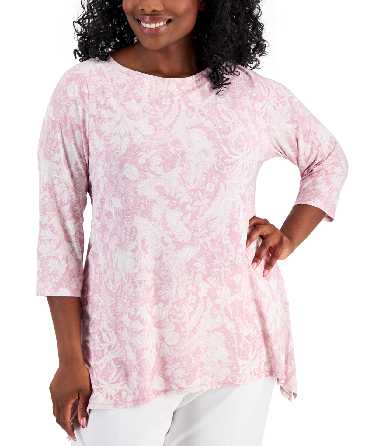 Plus Size 3/4-Sleeve Jacquard Swing Top, Created for Macy's - Neo Natural Combo