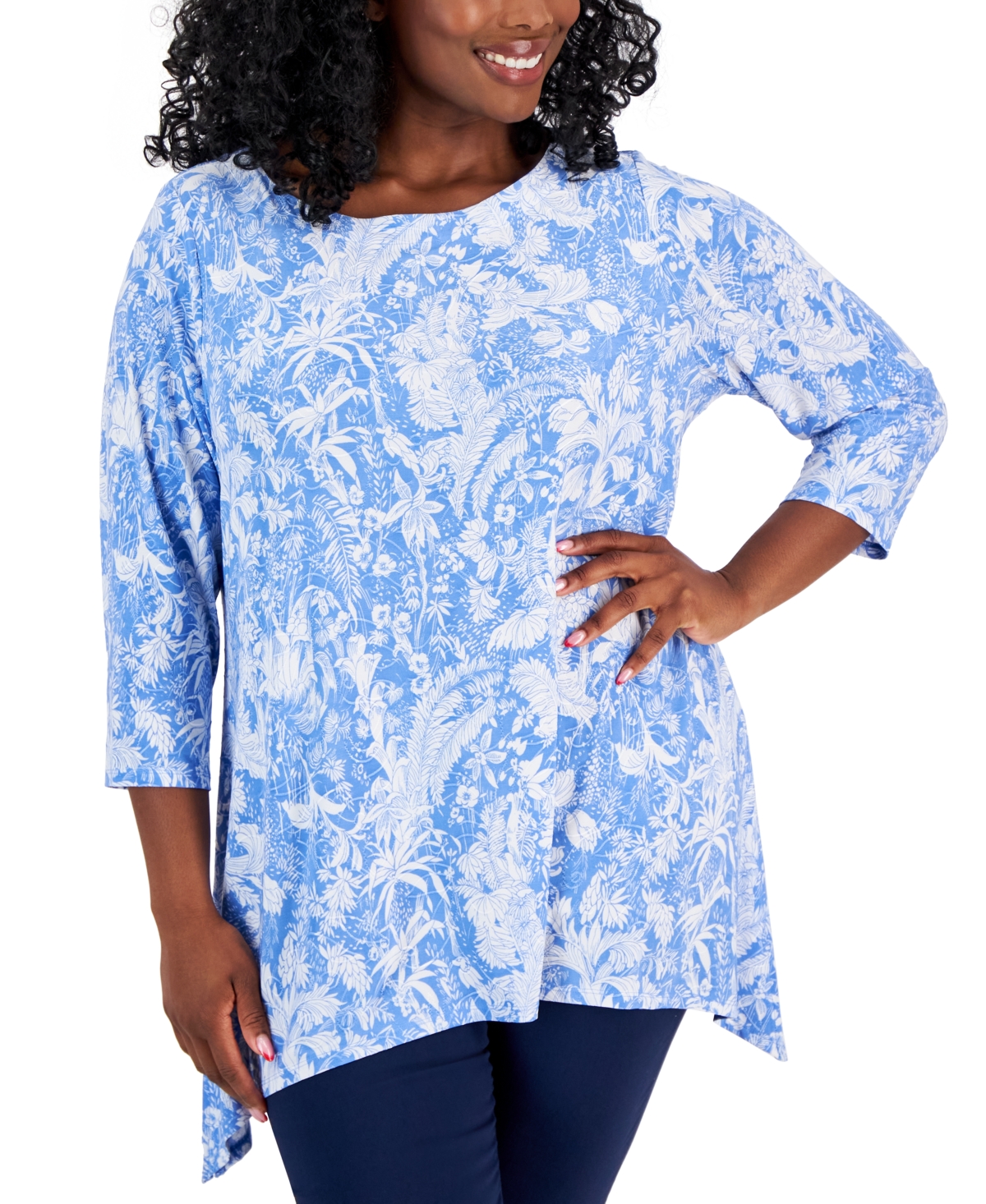 Shop Jm Collection Plus Size 3/4-sleeve Jacquard Swing Top, Created For Macy's In Watery Blue Combo