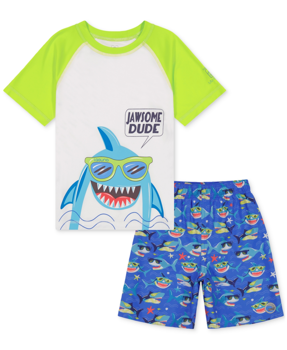Shop Laguna Little Boys Cool Shark Swim Top And Printed Swim Shorts, 2 Piece Set In Strong Blue