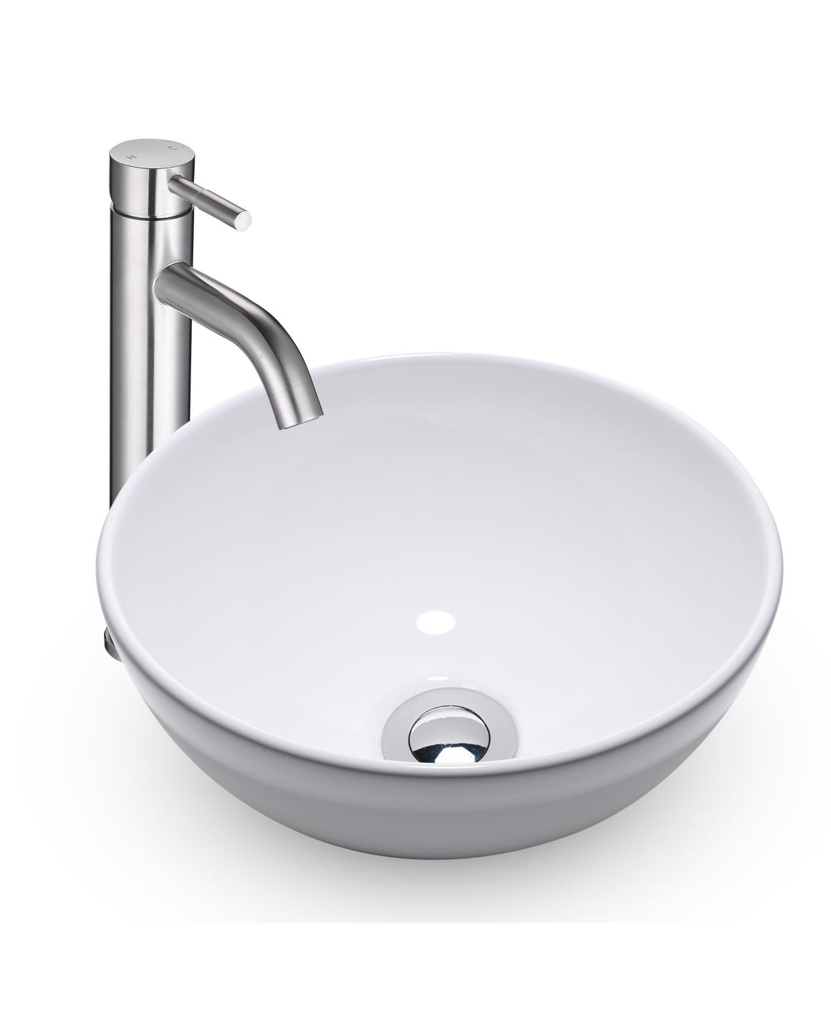 Round Ceramic Vessel Sink Kit Bathroom Single Handle Faucet Drain - Natural