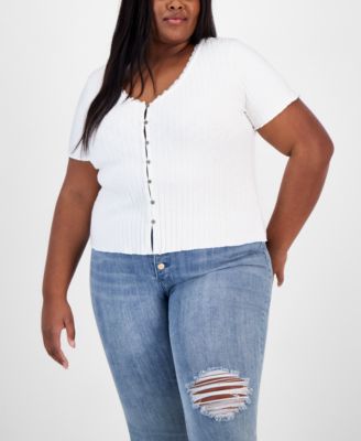 And Now This - Trendy Plus Size Ribbed Short-Sleeve Top