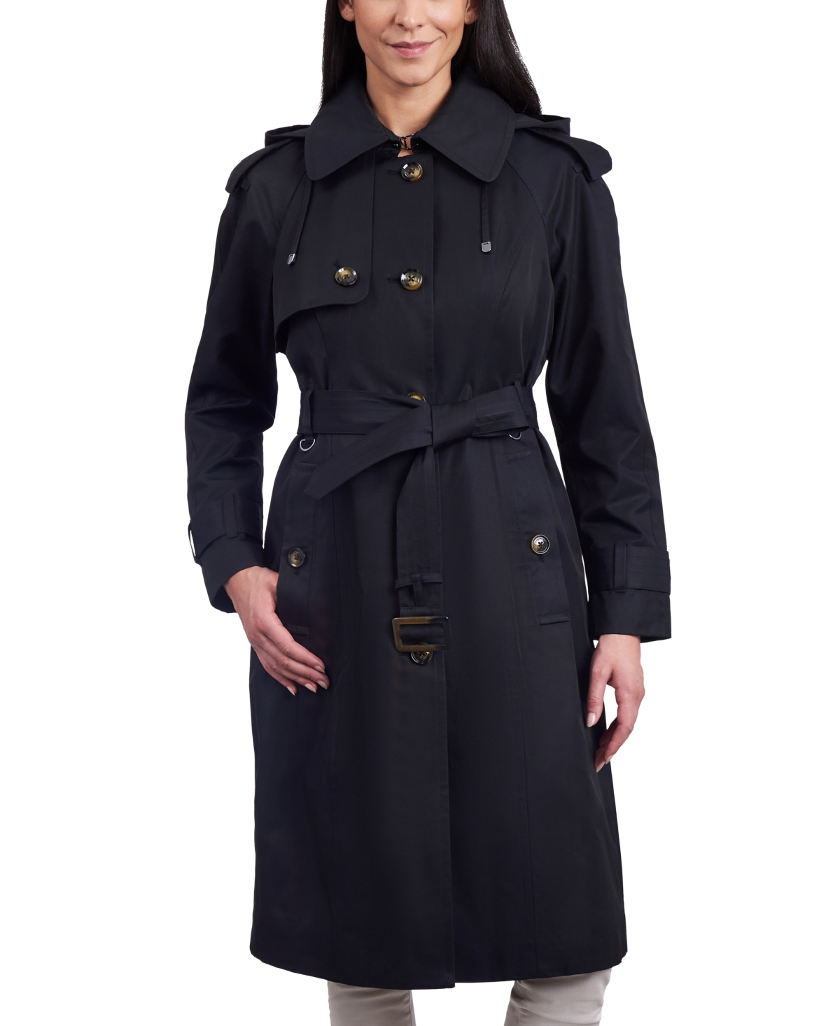Shop London Fog Women's Belted Hooded Water-resistant Trench Coat In Black