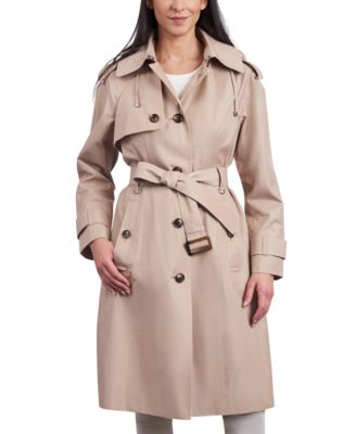 London Fog Women s Petite Single Breasted Hooded Belted Trench Coat Macy s