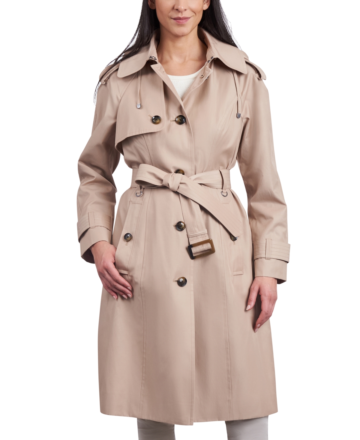 Shop London Fog Women's Belted Hooded Water-resistant Trench Coat In Stone