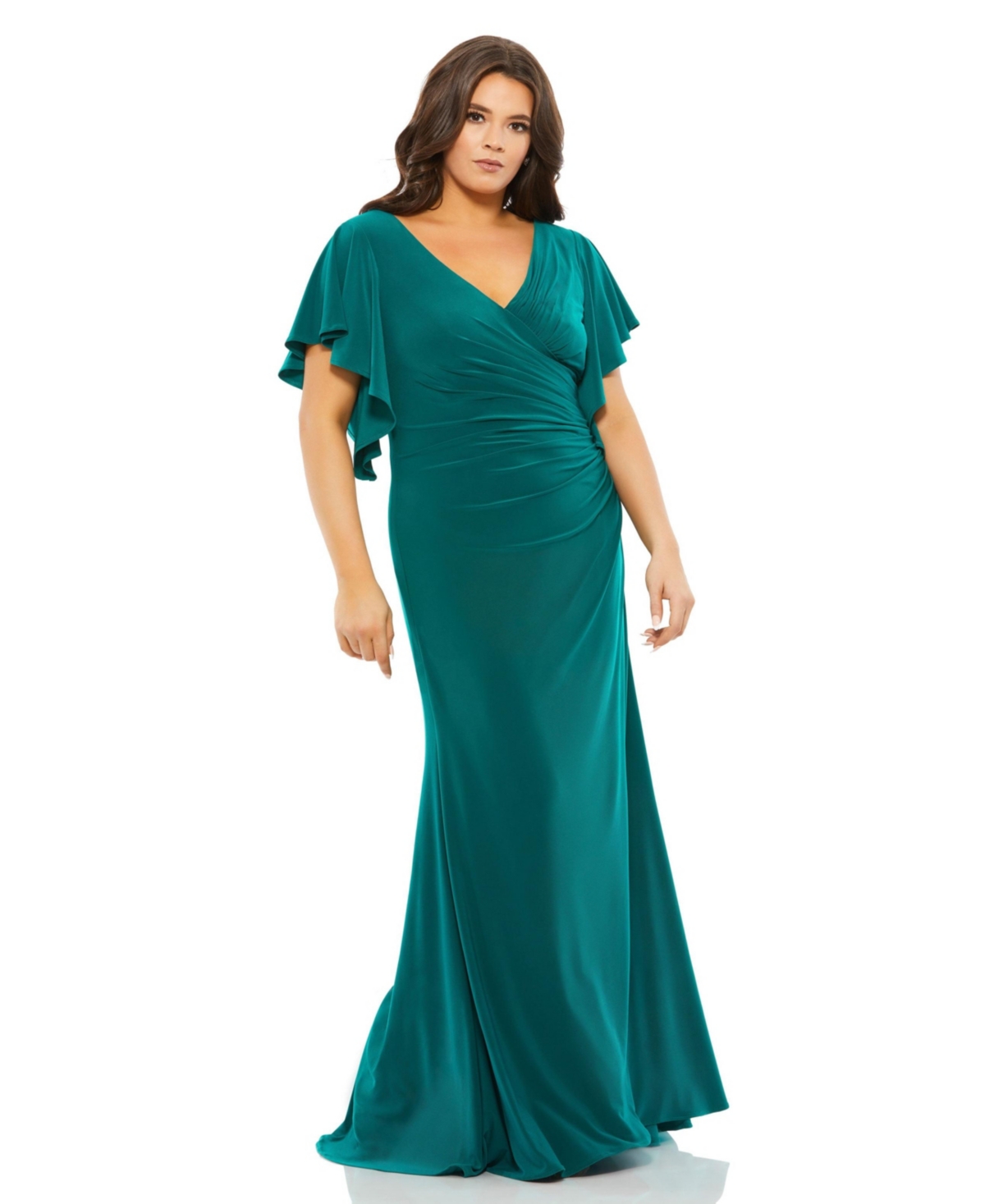 MAC DUGGAL PLUS SIZE FAUX WRAP BUTTERFLY SLEEVE GOWN