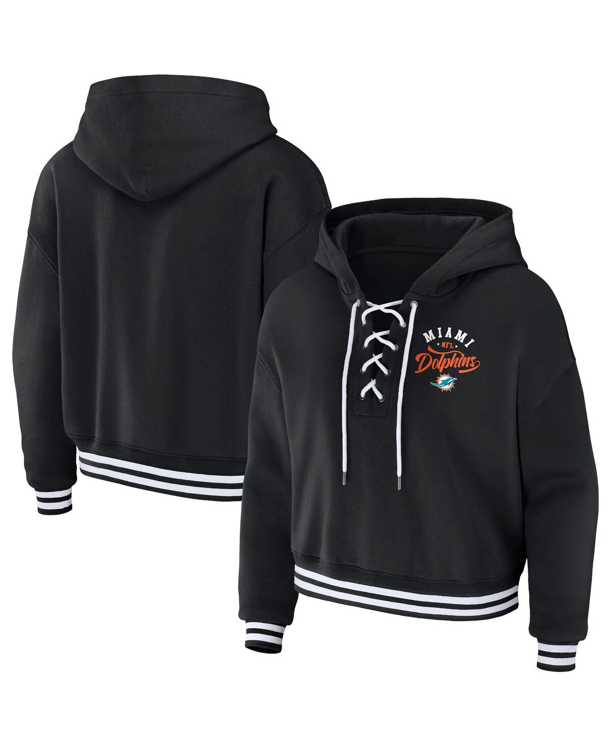 Women's Wear by Erin Andrews Black Miami Dolphins Lace-Up Pullover Hoodie - Black