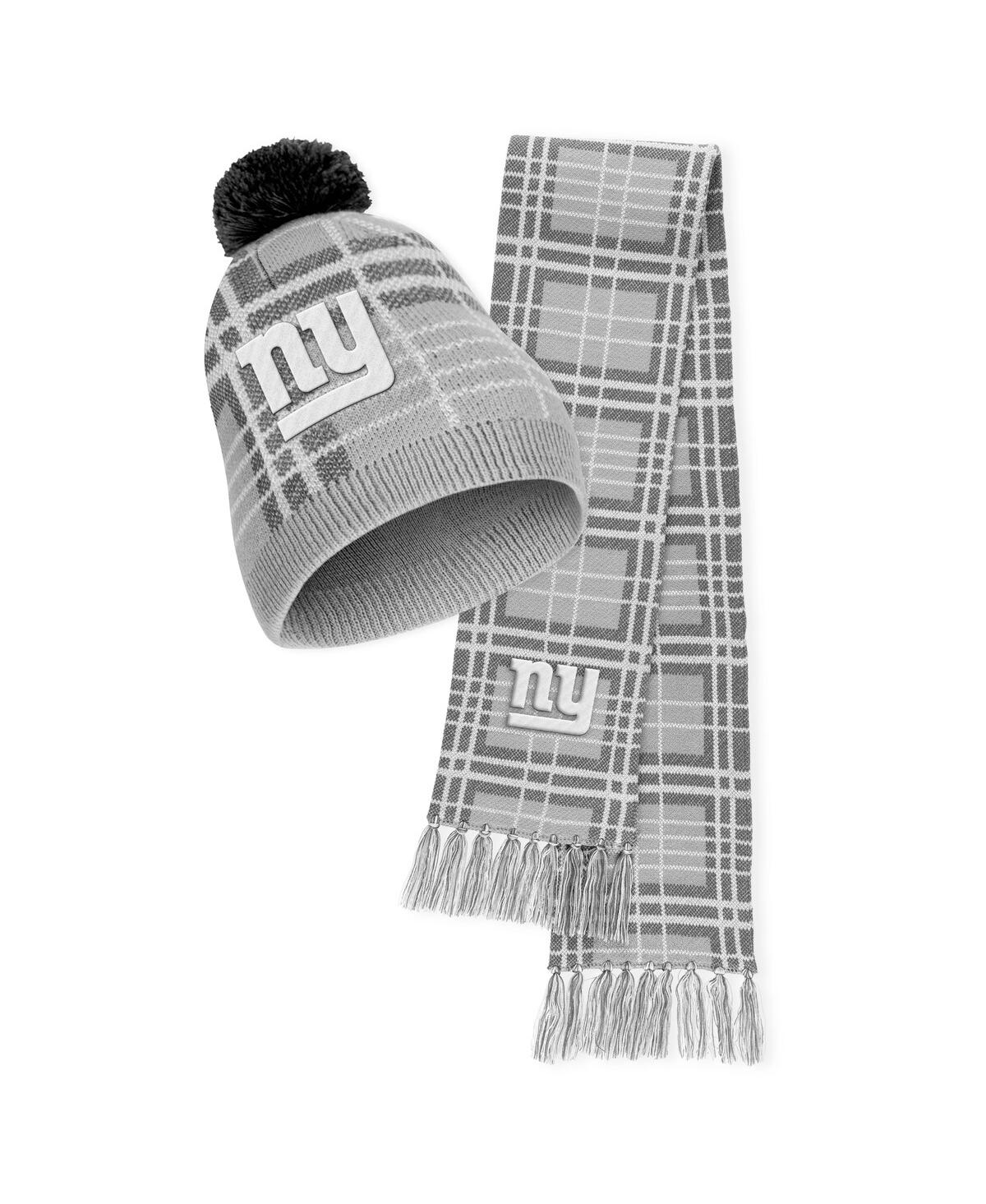 Wear By Erin Andrews Women's  New York Giants Plaid Knit Hat With Pom And Scarf Set In Gray