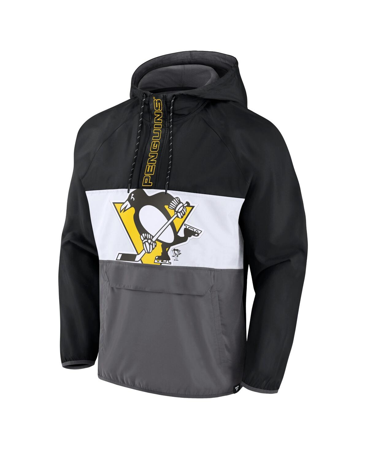 FANATICS MEN'S FANATICS BLACK PITTSBURGH PENGUINS FLAGRANT FOUL ANORAK RAGLAN HALF-ZIP HOODIE JACKET