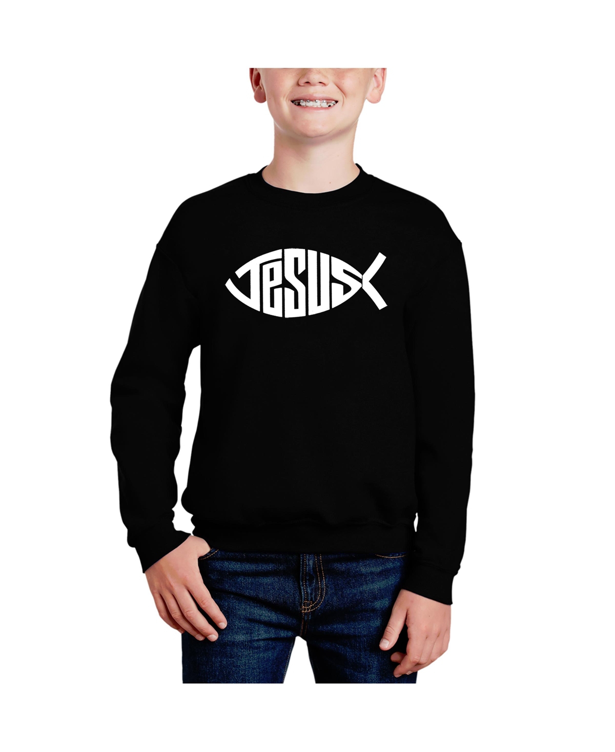 Christian Jesus Name Fish Symbol - Big Boy's Word Art Crewneck Sweatshirt