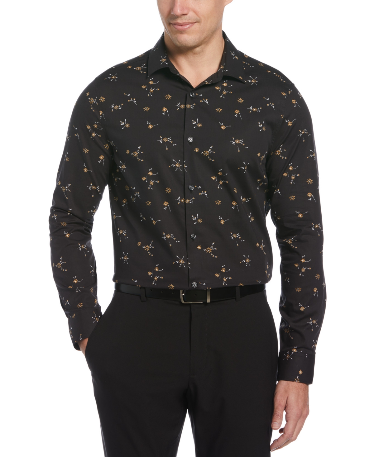 Perry Ellis Men's Ditsy-floral Print Button Shirt In Black