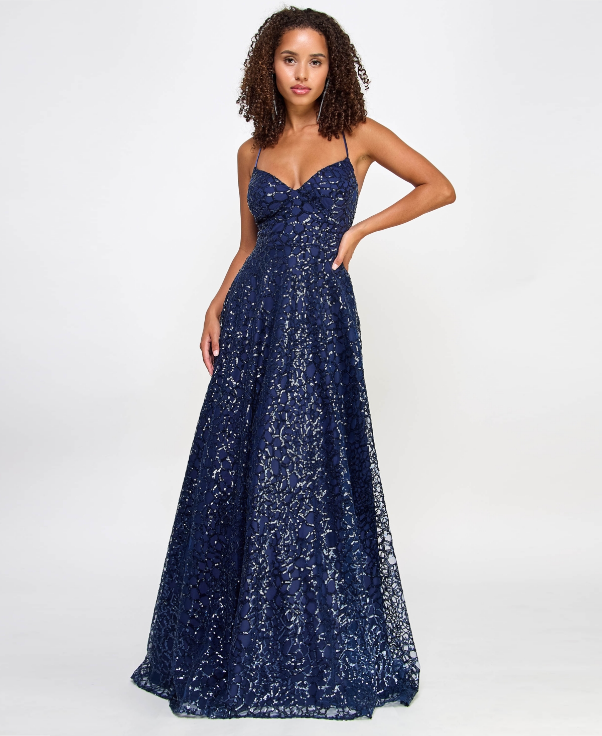 Juniors' Sequin Lace-Back Ball Gown, Created for Macy's - Navy