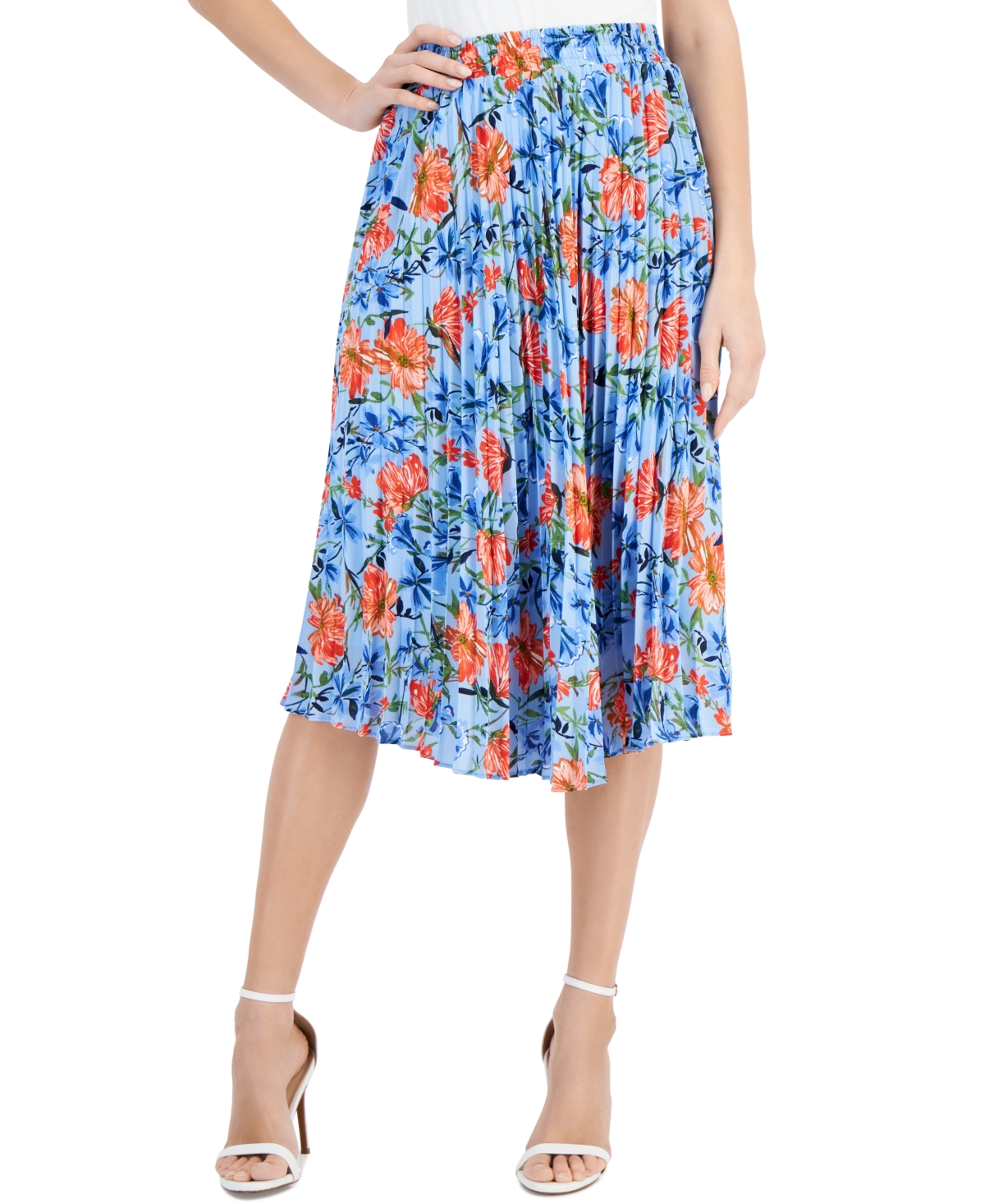 T Tahari Women's Floral Printed Elastic-waist Pull-on Pleated Midi Skirt In Water Garden Blue Print