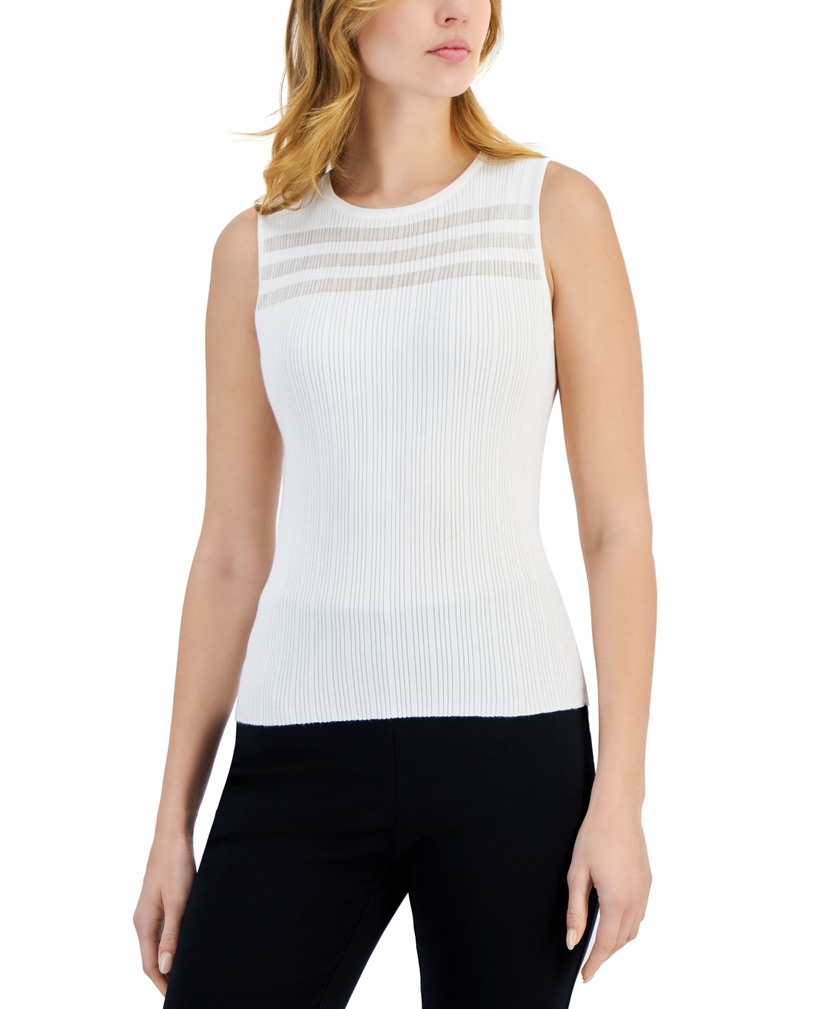 T Tahari Women's Ribbed Illusion-stripe Sleeveless Crewneck Sweater In White Star