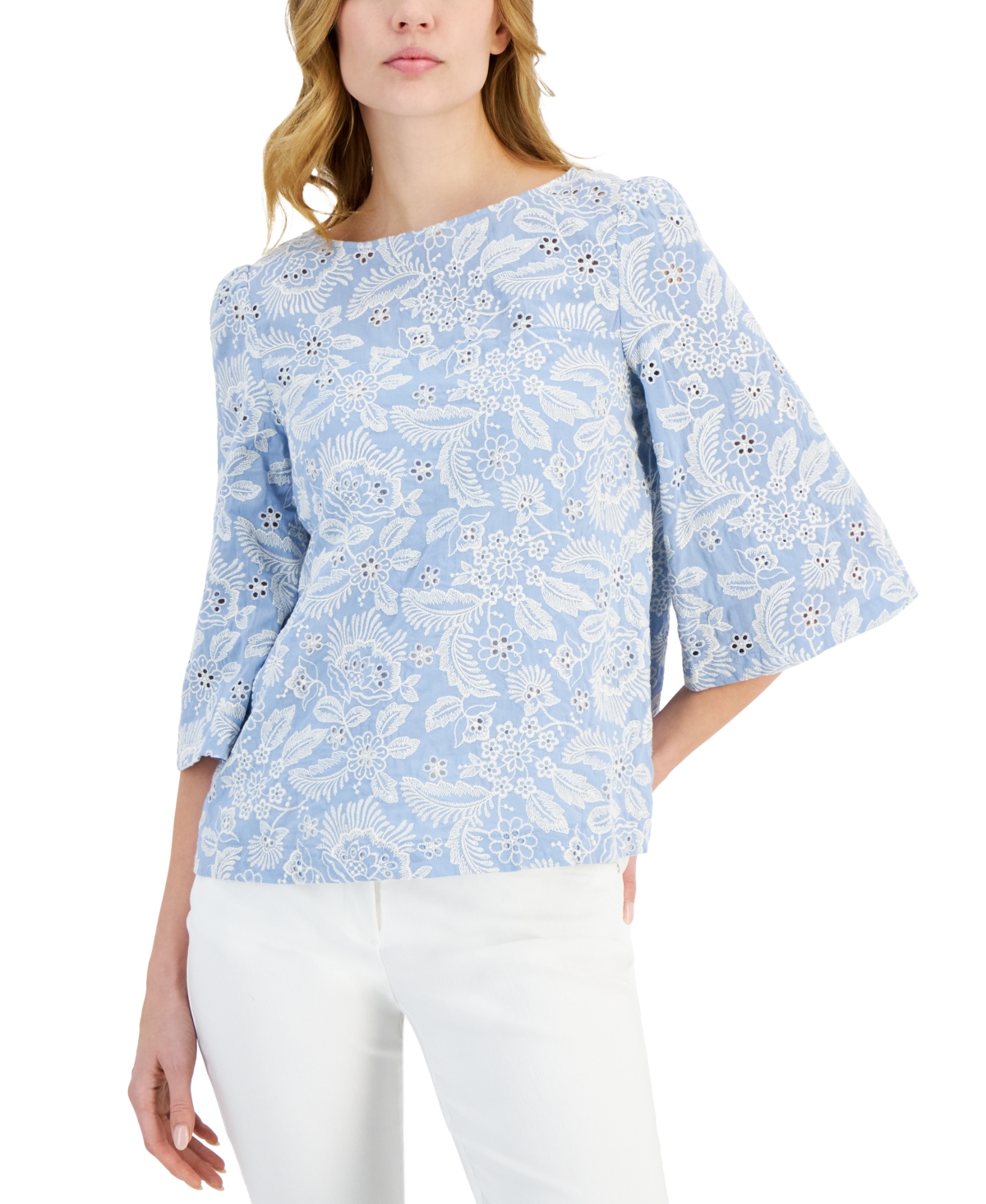 Shop T Tahari Women's Embroidered Eyelet Boat-neck Bell-sleeve Top In Cottage Blue Eyelet